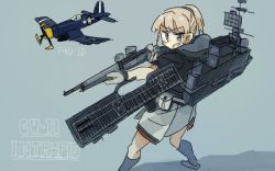 Rule 34 | 1girl, aircraft, black shirt, blue background, blue eyes, blue socks, bolt action, character name, f4u corsair, flight deck, gloves, grey gloves, gun, holding, holding gun, holding weapon, intrepid (kancolle), jura cambri, kantai collection, kneehighs, light brown hair, m1903 springfield, neck pillow, open mouth, ponytail, pouch, rifle, rigging, shirt, simple background, skirt, socks, solo, weapon