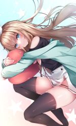 Rule 34 | 1girl, absurdres, aqua background, aqua jacket, black shirt, black thighhighs, blue eyes, blush, bow, bow hairband, brown hair, closed mouth, clothing cutout, commentary, eyes visible through hair, floating hair, gradient background, hair bow, hairband, heart, heart-shaped pillow, highres, indie virtual youtuber, jacket, kana616, long hair, long sleeves, looking at viewer, multicolored clothes, multicolored skirt, neckerchief, no shoes, hugging object, off shoulder, pillow, pink background, pink neckerchief, pink skirt, pleated skirt, shirt, shoulder cutout, skindentation, skirt, smile, solo, spanish commentary, sparkling eyes, star (symbol), thighhighs, thighs, very long hair, virtual youtuber, white background, white bow, white skirt, yuniepix (vtuber)