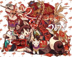 Rule 34 | 2021, animal, animal focus, animal print, arrow (projectile), bell, bird, bull, cat, chinese zodiac, closed eyes, clothed animal, flower, from side, hamaya, highres, holding, holding smoking pipe, jingle bell, kiseru, licking lips, looking at viewer, mouth hold, no humans, original, pawpads, rope, seigaiha, shimenawa, signature, smoking pipe, sparrow, tassel, tonbippo08, tongue, tongue out, wheat, whiskers, white background, white eyes, white flower, year of the ox