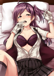 Rule 34 | 1girl, ahoge, bed sheet, black skirt, blouse, blush, bra, breasts, brown eyes, buttons, gloves, grey legwear, hagikaze (kancolle), highres, kamelie, kantai collection, long hair, looking at viewer, lying, medium breasts, on back, one side up, open clothes, open mouth, open shirt, pillow, pleated skirt, purple bra, purple hair, shirt, short sleeves, skirt, solo, underwear, white gloves, white shirt