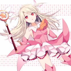 Rule 34 | 1girl, :o, bare shoulders, blonde hair, breasts, chronica (chr0nica), earrings, fate/kaleid liner prisma illya, fate (series), feather hair ornament, feathers, female focus, gloves, hair ornament, highres, holding, holding wand, illyasviel von einzbern, jewelry, prisma illya, red eyes, simple background, small breasts, solo, wand