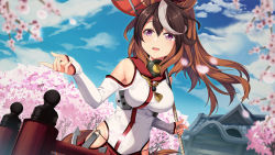 Rule 34 | 1girl, alternate costume, animal ears, architecture, breasts, brown hair, building, cherry blossoms, cosplay, day, east asian architecture, hip vent, horse ears, horse girl, horse tail, kantai collection, long hair, long sleeves, looking away, medium breasts, multicolored hair, oil-paper umbrella, outdoors, petals, ponytail, purple eyes, red skirt, red umbrella, skirt, solo, symboli rudolf (umamusume), tail, tree, umamusume, umbrella, white hair, yamato (kancolle), yamato (kancolle) (cosplay), yasume yukito