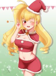 Rule 34 | :d, absurdres, arm behind back, bare arms, blonde hair, blush, breasts, capelet, cleavage, colored eyelashes, cowboy shot, crop top, drill hair, eyelashes, fur-trimmed capelet, fur-trimmed skirt, fur trim, gradient background, hair between eyes, hand up, hat, highres, kagayaki alice, kiratto pri chan, large breasts, long hair, looking at viewer, midriff, mujin (mujinzairaisen), navel, one eye closed, open mouth, ponytail, pretty series, red capelet, red eyes, red headwear, red skirt, red tube top, santa costume, santa hat, sidelocks, skirt, smile, standing, star (symbol), strapless, tube top, v, wink