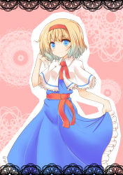Rule 34 | 1girl, absurdres, adjusting hair, alice margatroid, blonde hair, blue eyes, capelet, clothes lift, doily, female focus, fuguno, gradient hair, hairband, highres, lace background, multicolored hair, short hair, skirt, skirt lift, smile, solo, touhou