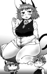 Rule 34 | 2girls, animal ears, baozi, barefoot, blush, breasts, capelet, chibi, commentary, disgust, dress, dress shirt, eating, fang, fat, female focus, food, food on face, frown, gradient background, greyscale, highres, ichigo kotou, jewelry, jitome, large breasts, looking at viewer, messy hair, monochrome, mouse ears, mouse tail, multicolored hair, multiple girls, nazrin, necklace, plump, shirt, short hair, sitting, skirt, unworn skirt, streaked hair, tail, thick eyebrows, thick thighs, thighs, thinking, thought bubble, toramaru shou, touhou, triangle mouth, unamused, undersized clothes, upper body, very short hair, wariza, white background