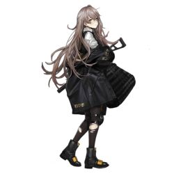 Rule 34 | 1girl, black bag, black coat, black footwear, black pantyhose, black vest, boots, brown hair, character name, closed mouth, clothes writing, coat, crossed bangs, expressionless, full body, girls&#039; frontline, gun, h&amp;k ump, h&amp;k ump, hair between eyes, hair ornament, heckler &amp; koch, holding, holding gun, holding weapon, infukun, knee pads, long hair, looking at viewer, looking back, no scar, off shoulder, official alternate costume, official art, one side up, pantyhose, shell jacket, shirt, simple background, solo, standing, submachine gun, suppressor, torn clothes, torn pantyhose, transparent background, ump45 (girls&#039; frontline), ump45 (winter journey) (girls&#039; frontline), very long hair, vest, weapon, white shirt, yellow eyes