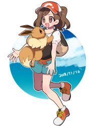 Rule 34 | 1girl, aqua shorts, backpack, bag, baseball cap, blue background, blue sky, blush, brown eyes, brown hair, cloud, creatures (company), dated, day, eevee, elaine (pokemon), eye contact, female focus, full body, fur collar, game freak, gen 1 pokemon, happy, hat, imminent hug, jumping, kureson (hayama baa), leg up, looking at another, looking down, looking up, matching hair/eyes, medium hair, multicolored shirt, nintendo, open mouth, outdoors, outline, outstretched arms, pawpads, poke ball symbol, poke ball theme, pokemon, pokemon (creature), pokemon lgpe, ponytail, puffy short sleeves, puffy sleeves, purple eyes, red footwear, red headwear, shirt, shoes, short shorts, short sleeves, shorts, sidelocks, sky, smile, standing, standing on one leg, teeth, two-tone background, white background, white outline