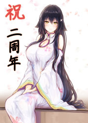 Rule 34 | 1girl, azuma (azur lane), azur lane, bare shoulders, black hair, blush, breasts, cleavage, cleavage cutout, closed mouth, clothing cutout, dress, hair between eyes, hair ornament, hairclip, head tilt, highres, large breasts, long hair, long sleeves, looking at viewer, orange eyes, realman, sitting, smile, solo, very long hair, white dress, wide sleeves, yellow eyes