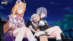 Rule 34 | 3girls, :o, ^ ^, animal, bare legs, bare shoulders, black gloves, breasts, carole peppers, cat, character request, child, closed eyes, crossed legs, gloves, hand on another&#039;s shoulder, highres, honkai (series), honkai impact 3rd, large breasts, logo, long hair, looking at another, multiple girls, night, night sky, official art, official wallpaper, orange hair, orange ribbon, outdoors, ribbon, sitting, sky, sleeping, small breasts, smile, socks, stan (honkai impact), susannah manatt, susannah manatt (valkyrie quicksand), tree, white hair, white socks