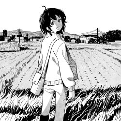 Rule 34 | 1girl, bag, building, commentary, feet out of frame, field, from behind, greyscale, highres, jacket, long sleeves, looking at viewer, looking back, monochrome, mountainous horizon, muji (uimss), original, outdoors, pants, power lines, shoulder bag, solo, tree, utility pole