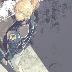 Rule 34 | 10s, 1boy, blonde hair, blue eyes, blue jacket, bomber jacket, bread, food, from above, jacket, keith goodman, male focus, short hair, solo, tiger &amp; bunny, toku-komano