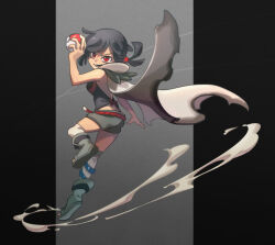 Rule 34 | 1girl, bare arms, bare shoulders, black hair, breasts, butt crack, cape, creatures (company), floating cape, full body, game freak, grey cape, grey footwear, grey shorts, hand up, highres, holding, holding poke ball, kneehighs, leg up, lower teeth only, medium breasts, nintendo, open mouth, poke ball, poke ball (basic), pokemon, pokemon oras, red eyes, rope belt, short hair, shorts, smile, socks, solo, teeth, torn cape, torn clothes, ukata, v-shaped eyebrows, white socks, zinnia (pokemon)