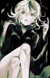 Rule 34 | 1girl, anger vein, character name, curly hair, highres, crossed legs, looking at viewer, monochrome, one-punch man, short hair, sitting, solo, tatsumaki, teeth, ya 4004