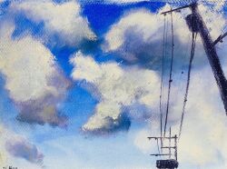 Rule 34 | blue sky, cloud, cloudy sky, dated, highres, no humans, original, painting (medium), pastel (medium), power lines, sakaue111, scenery, sky, traditional media, utility pole