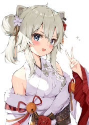 Rule 34 | 1girl, absurdres, alternate costume, alternate hairstyle, animal ears, blue eyes, blush, commentary request, double bun, fang, grey hair, hair between eyes, hair bun, hair ornament, hana mori, highres, hololive, japanese clothes, kimono, lion ears, looking at viewer, open mouth, shishiro botan, shishiro botan (new year), simple background, solo, virtual youtuber, white background