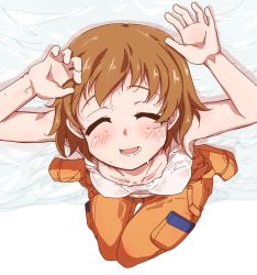 Rule 34 | 1girl, arms up, brown eyes, brown hair, clothes around waist, commentary, closed eyes, freckles, girls und panzer, highres, jumpsuit, kibimoka, looking at viewer, lying, mechanic, on back, open mouth, orange jumpsuit, shadow, shirt, smile, solo, sweat, tank top, tsuchiya (girls und panzer), uniform, upside-down, white shirt