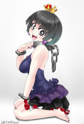 Rule 34 | 1girl, :d, bare shoulders, barefoot, black eyes, black hair, black nails, black skirt, bracelet, breasts, chain, chain leash, collar, dated, earrings, hand on own knee, hand up, jewelry, large breasts, leash, looking at viewer, mario (series), nail polish, new super mario bros. u deluxe, nintendo, open mouth, pointy ears, princess chain chomp, purple skirt, sharp teeth, short hair, simple background, sitting, skirt, smile, solo, super crown, teeth, thick eyebrows, wariza, white background, zanma
