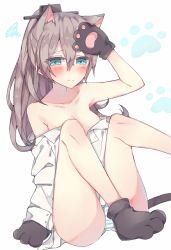 Rule 34 | 10s, 1girl, animal ears, animal hands, aqua eyes, bare shoulders, blush, breasts, brown hair, cat ears, cat tail, cleavage, dress shirt, gloves, highres, kantai collection, kemonomimi mode, kumano (kancolle), kvlen, no pants, off shoulder, panties, paw gloves, paw shoes, ponytail, shirt, shoes, solo, striped clothes, striped panties, tail, underwear