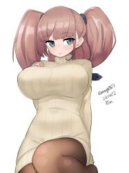 Rule 34 | 1girl, absurdres, alternate costume, atlanta (kancolle), black pantyhose, breasts, brown hair, cowboy shot, dress, grey dress, grey eyes, grey sweater, highres, kantai collection, large breasts, long hair, maru (marg0613), one-hour drawing challenge, pantyhose, ribbed dress, ribbed sweater, simple background, smile, solo, sweater, sweater dress, two side up, white background