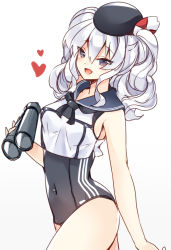 Rule 34 | 1girl, 218, binoculars, blush, breasts, cosplay, covered navel, grey eyes, hat, kantai collection, kashima (kancolle), large breasts, long hair, one-piece swimsuit, open mouth, ro-500 (kancolle) (cosplay), ro-500 (kancolle), sailor collar, silver hair, smile, solo, standing, swimsuit, swimsuit under clothes, twintails, wavy hair