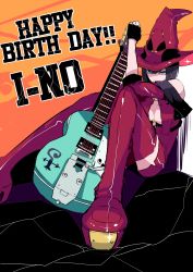 Rule 34 | 1girl, aqua eyes, bad id, bad pixiv id, black hair, boots, breasts, character name, cleavage, electric guitar, guilty gear, guilty gear xrd, guitar, happy birthday, haru kaju, hat, highres, i-no, instrument, leather, leather boots, red footwear, red thighhighs, short hair, skull, solo, thigh boots, thighhighs, witch hat, zettai ryouiki