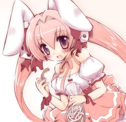 Rule 34 | 1girl, :d, animal ears, bad id, bad pixiv id, bare shoulders, blush, di gi charat, female focus, food, gradient background, itachi chimaki, open mouth, pink eyes, pink hair, pink theme, rabbit ears, ribbon, short sleeves, skirt, smile, solo, twintails, usada hikaru, white background