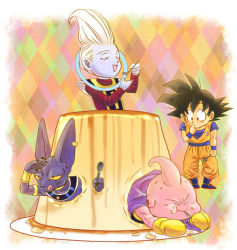 Rule 34 | 4boys, :p, animal, antennae, beerus, black eyes, black hair, boots, cape, cat, chibi, commentary request, dessert, dougi, dragon ball, dragonball z, eating, closed eyes, finger to mouth, fingernails, food, full body, gloves, happy, long sleeves, looking at another, majin buu, male focus, multicolored background, multiple boys, open mouth, plate, pudding, short hair, smile, son goku, spiked hair, spoon, stargeyser, tongue, tongue out, whis, white hair