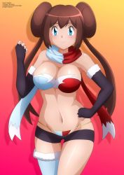 Rule 34 | 1girl, absurdres, bikini, black gloves, black shorts, blue bikini, blue eyes, blue scarf, blue thighhighs, blush, breasts, brown hair, cleavage, clothes pull, creatures (company), double bun, fingerless gloves, fur-trimmed gloves, fur trim, game freak, gloves, gradient background, hair bun, hand on own hip, highres, large breasts, long hair, looking at viewer, navel, nintendo, orange background, pink background, pokemon, pokemon bw2, red bikini, red scarf, rosa (pokemon), scarf, shorts, shorts pull, single thighhigh, smile, standing, swimsuit, thighhighs, twintails, two-tone background, zel-sama
