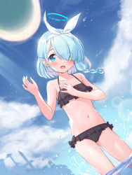Rule 34 | 1girl, :d, absurdres, arm up, arona (blue archive), ball, beachball, bikini, black bikini, blue archive, blue hair, blush, bow, cloud, commentary request, frilled bikini, frills, fubuki rinne, hair bow, hair over one eye, halo, highres, navel, open mouth, outdoors, revision, ribbon, short hair, sky, smile, solo, swimsuit, thighs, wading, water