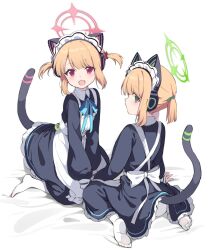 Rule 34 | 2girls, absurdres, animal ear headphones, animal ears, apron, black dress, blonde hair, blue archive, blush, cat ear headphones, commentary, dress, fake animal ears, frilled dress, frills, green eyes, halo, headphones, highres, long sleeves, looking at viewer, maid headdress, midori (blue archive), midori (maid) (blue archive), momoi (blue archive), momoi (maid) (blue archive), multiple girls, no shoes, open mouth, pantyhose, pink eyes, ponytail, siblings, simple background, sisters, sitting, symbol-only commentary, tail, twins, two side up, white apron, white background, white pantyhose, you guo chaocai