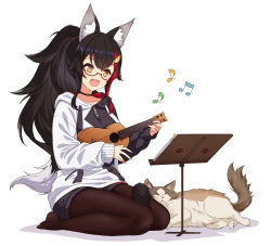 Rule 34 | 1girl, :3, :d, absurdres, animal collar, animal ear fluff, animal ears, asanaya, beamed eighth notes, black choker, black collar, black hair, black hoodie, black pantyhose, black shorts, choker, collar, eighth note, full body, glasses, hair between eyes, hair ornament, hairclip, highres, holding, holding instrument, hololive, hood, hoodie, instrument, light blush, multicolored hair, music, musical note, no shoes, ookami mio, ookami mio (casual), open mouth, pantyhose, playing instrument, ponytail, red hair, seiza, short shorts, shorts, simple background, sitting, smile, solo, streaked hair, taiga (ookami mio), tail, tail around own leg, tail wrap, two-tone hoodie, ukulele, virtual youtuber, white background, white hoodie, wolf ears, wolf girl
