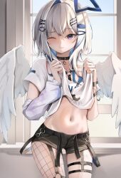 Rule 34 | 1girl, absurdres, amane kanata, amane kanata (punk rock), angel wings, black choker, blue hair, blue halo, blush, choker, clothes lift, colored inner hair, detached sleeves, flat chest, hair intakes, halo, highres, hololive, looking at viewer, multicolored hair, navel, official alternate costume, one eye closed, pale skin, purple eyes, scarlet (wv0102), shirt lift, short hair, short shorts, shorts, smile, solo, standing, thigh gap, thigh strap, two-tone hair, virtual youtuber, white hair, window, wings