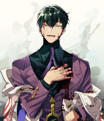 Rule 34 | 1boy, black hair, black shirt, blood, blood on clothes, blood on face, coat partially removed, collared shirt, fate/grand order, fate (series), green eyes, hand on own chest, highres, itou kashitarou (fate), jacket, long sleeves, male focus, necktie, parted lips, purple jacket, purple necktie, shirt, simple background, smile, solo, upper body, white background, yuu (areruya)