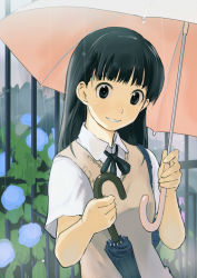 Rule 34 | 1girl, amagami, ayatsuji tsukasa, black eyes, black hair, closed umbrella, face, flower, hydrangea, rain, smile, solo, sweater vest, umbrella, watarai keiji