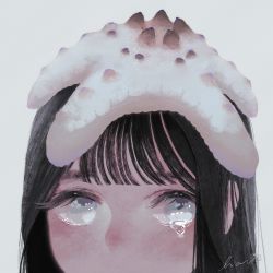 Rule 34 | 1girl, animal, animal on head, black hair, grey background, grey eyes, hanio3, highres, mouth out of frame, on head, original, signature, simple background, solo, starfish, tears