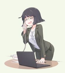 Rule 34 | 1girl, alternate costume, arm support, black hair, blunt bangs, blunt ends, bob cut, breasts, cleavage, closed eyes, commentary request, computer, corded phone, dress pants, dress shirt, formal, glasses, green jacket, green pants, highres, holding, holding phone, jacket, kyoumachi seika, laptop, large breasts, leaning forward, leaning on table, mochi (mochi444420), nervous smile, open clothes, open jacket, open mouth, pant suit, pants, pen, phone, raised eyebrow, reflective table, shirt, shirt tucked in, simple background, smile, solo, suit, suit jacket, sweatdrop, talking on phone, teacher, voiceroid, white shirt
