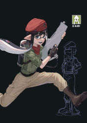 Rule 34 | 1girl, absurdres, alibi (rainbow six siege), backpack, bag, beige pants, beret, black background, black gloves, black hair, boots, brown footwear, character request, commentary request, cosplay, fingerless gloves, gloves, gun, hat, highres, holding, holding gun, holding weapon, long hair, looking at viewer, max-k, nintendo, open mouth, pointy ears, rainbow six siege, red hat, red neckwear, running, simple background, sleeves rolled up, smile, solo, splatoon (series), splatoon 2, tentacle hair, thick eyebrows, weapon