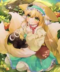 Rule 34 | 1girl, absurdres, animal, animal ears, animal on head, arknights, bag, black cat, blonde hair, blush, brown bag, cardigan, cat, cat on head, clenched teeth, day, dress, finger to mouth, flower, forest, fox ears, fox girl, fox tail, frilled hairband, frills, grass, green dress, green eyes, hair between eyes, hair down, hairband, highres, index finger raised, leaf, long hair, long sleeves, looking at viewer, luo xiaohei, nature, neck ribbon, official alternate costume, on head, open cardigan, open clothes, outdoors, red flower, red ribbon, ribbon, satchel, seiza, shoulder bag, shushing, sitting, smile, solo, suzuran (arknights), suzuran (praise spring) (arknights), suzuran (spring praise) (arknights), tail, takumi mizuki, teeth, luo xiaohei zhanji, yellow cardigan