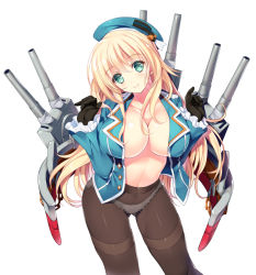 Rule 34 | 10s, 1girl, aqua eyes, atago (kancolle), black gloves, black pantyhose, blonde hair, blush, breasts, cannon, cleavage, female focus, gloves, gluteal fold, green eyes, hands up, hat, huge breasts, kantai collection, large breasts, long hair, looking at viewer, military, military uniform, navel, no pants, open clothes, panties, panties under pantyhose, pantyhose, simple background, smile, solo, tamiya akito, underwear, uniform, white background