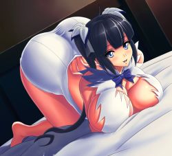 Rule 34 | 10s, 1girl, ass, bed, bent over, black hair, breast press, breasts, curvy, dungeon ni deai wo motomeru no wa machigatteiru darou ka, dutch angle, hestia (danmachi), huge ass, huge breasts, indoors, large breasts, legs, looking at viewer, mo-frederick, naughty face, self pillow, solo, thighs, top-down bottom-up, twintails