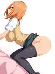 Rule 34 | 1girl, all fours, ass, bed, black legwear, blush, breasts, clothes lift, eve (artist), highres, huge breasts, legs, looking back, no panties, orange hair, red eyes, school uniform, short hair, simple background, skirt, skirt lift, smile, solo, thighs, white background
