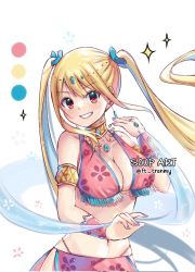Rule 34 | 1girl, armlet, blonde hair, breasts, cleavage, earrings, fairy tail, jewelry, large breasts, long hair, looking at viewer, lucy heartfilia, nail polish, navel, revealing clothes, smile, solo, twintails