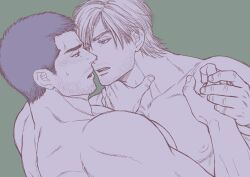 Rule 34 | 2boys, abs, bara, beard, beard stubble, blush, bulge, chris redfield, couple, eye contact, facial hair, foreplay, from side, greyscale with colored background, half-closed eyes, hand on another&#039;s neck, holding hands, imminent kiss, kdk13 (bio kadoki13), large pectorals, leon s. kennedy, looking at another, male focus, mature male, multiple boys, muscular, muscular male, mustache stubble, muted color, navel, navel hair, nervous, nipples, nude, pectorals, profile, resident evil, resident evil 6, short hair, sideburns, stomach, stubble, sweatdrop, thick eyebrows, thick thighs, thighs, topless male, upper body, yaoi