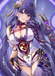 Rule 34 | 1girl, absurdres, bad id, bad pixiv id, breasts, cleavage, doll joints, eric (tianqijiang), genshin impact, gold trim, hair ornament, highres, joints, large breasts, long hair, looking at viewer, mitsudomoe (shape), mole, mole under eye, open mouth, purple eyes, purple hair, raiden shogun, raiden shogun (magatsu mitake narukami no mikoto), solo, thighs, tomoe (symbol), very long hair