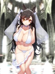 Rule 34 | 1girl, absurdres, animal ears, asamura hiori, atago (azur lane), atago (summer march) (azur lane), atago (summer march) (azur lane), azur lane, bikini, black hair, breasts, brown eyes, cleavage, commentary request, hair ornament, hair ribbon, highres, large breasts, long hair, looking at viewer, mole, mole under eye, navel, ribbon, sarong, smile, solo, swimsuit, white bikini