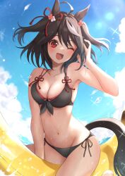 Rule 34 | 1girl, afloat, ahoge, animal ears, banana boat, bare arms, bare shoulders, bikini, black bikini, black hair, blue sky, blush, cloud, cloudy sky, collarbone, commentary request, double-parted bangs, front bow, hair between eyes, hair ribbon, hand in own hair, hand up, highres, horse ears, horse girl, horse tail, inflatable raft, kitasan black (umamusume), looking at viewer, multicolored hair, na-code (gurich), navel, on banana, one eye closed, open mouth, outdoors, red bikini, red eyes, red ribbon, ribbon, short hair, side-tie bikini bottom, sky, smile, sparkling aura, stomach, streaked hair, swimsuit, tail, two-tone hair, two side up, umamusume, water drop, white hair