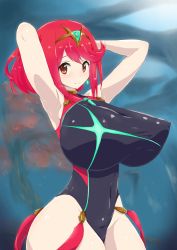 Rule 34 | 1girl, armpits, arms up, bea (bropmlk), breasts, commentary, competition swimsuit, covered erect nipples, earrings, gem, hair ornament, headpiece, highres, huge breasts, jewelry, large breasts, looking at viewer, nintendo, one-piece swimsuit, pyra (pro swimmer) (xenoblade), pyra (xenoblade), red eyes, red hair, short hair, smile, solo, swept bangs, swimsuit, tiara, xenoblade chronicles (series), xenoblade chronicles 2