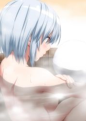 Rule 34 | 1girl, back, bathing, blush, breasts, censored nipples, commentary request, convenient censoring, green eyes, highres, hitodama, konpaku youmu, konpaku youmu (ghost), large breasts, no hairband, nori tamago, nude, partially submerged, short hair, sidelocks, silver hair, sitting, smile, solo, touhou, water, wet