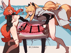 Rule 34 | 2futa, animal ears, animal penis, arknights, armor, artificial vagina, bar censor, bent over, blemishine (arknights), blonde hair, blush, breasts, breeding mount, cape, censored, closed mouth, erection, flametail (arknights), fur-trimmed cape, fur trim, futa with futa, futanari, gigantic penis, highres, horse ears, horse girl, horse penis, horse tail, large penis, licking lips, long hair, long sleeves, medium breasts, mirin chikuwa, multiple girls, multiple penises, nipple stimulation, nipple tweak, nipples, open mouth, penis, penis in urethra, penis size difference, penises touching, red hair, sex toy, shared artificial vagina, squirrel ears, squirrel girl, squirrel tail, standing, tail, testicles, tongue, tongue out, x-ray, yellow eyes