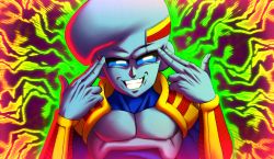 Rule 34 | 1boy, absurdres, baby (dragon ball), black background, blue eyes, blue skin, colored skin, commentary, dababy (rapper), dragon ball, dragon ball gt, english commentary, finger gun, green background, grin, highres, looking at viewer, male focus, multicolored background, multicolored skin, no pupils, pea-bean, pun, smile, solo, yellow background